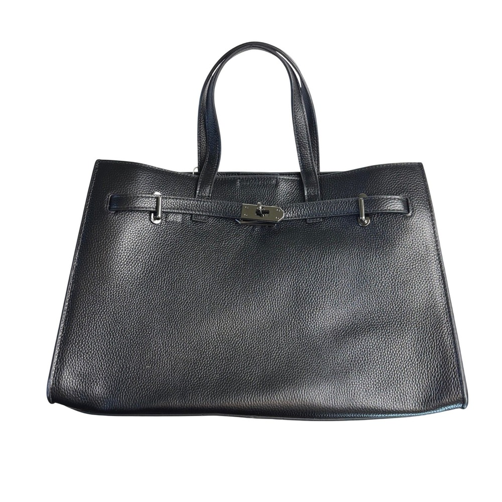 NEW Large Black Pebbled Leather Tote Bag Black Turn Lock Professional Commuter